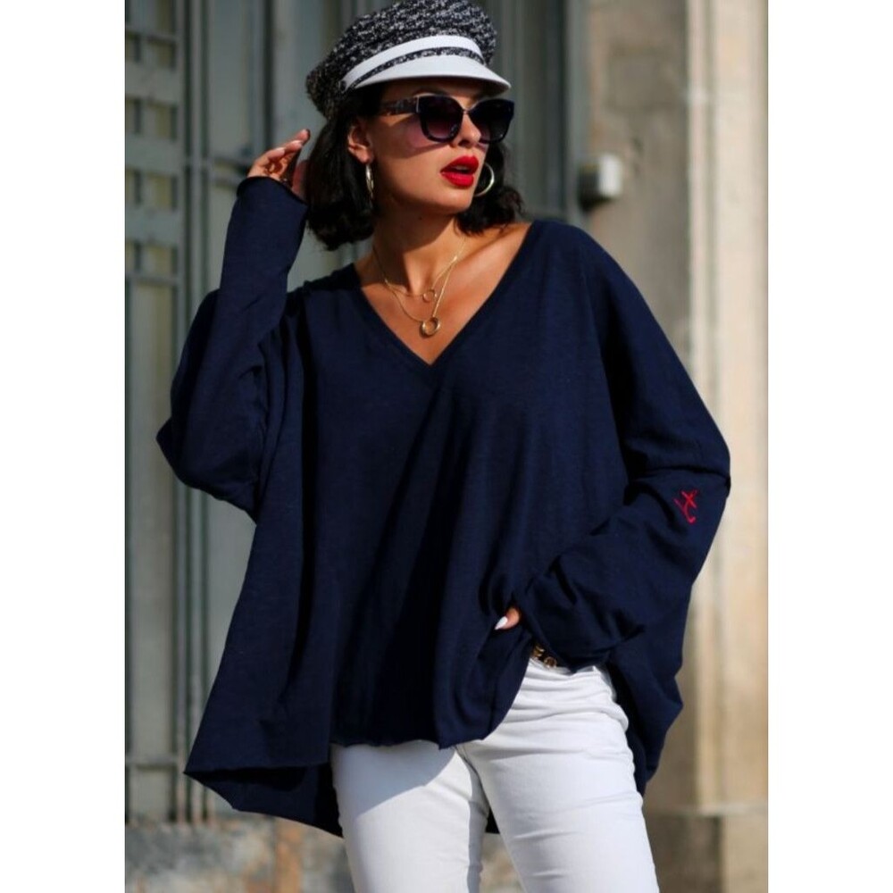 MARINIERE FRANCAISE Clem Marine Top Women's OS Oversized Slub Jersey Deep V-Neck